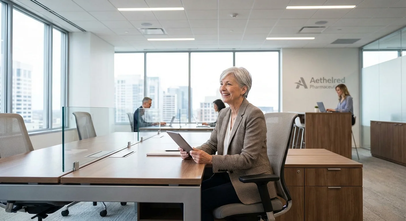 A senior woman working in a sleek New Jersey corporate office.