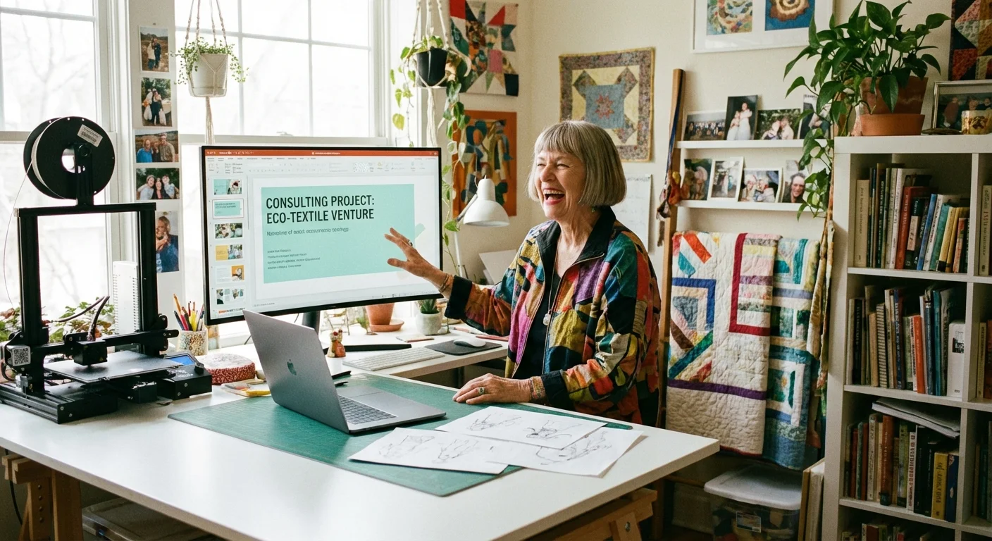 A senior woman working on a business project in a creative studio.