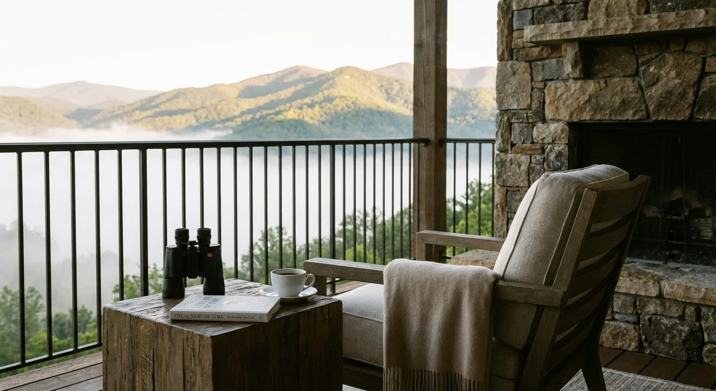 A serene mountain resort balcony overlooking a misty valley.