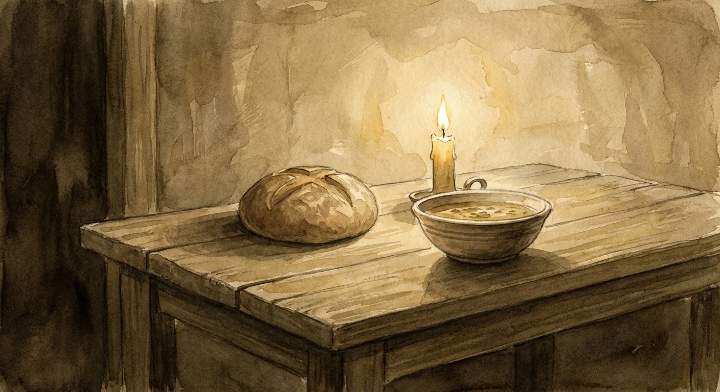 A simple, humble meal in low light, symbolizing historical frugality and sacrifice.