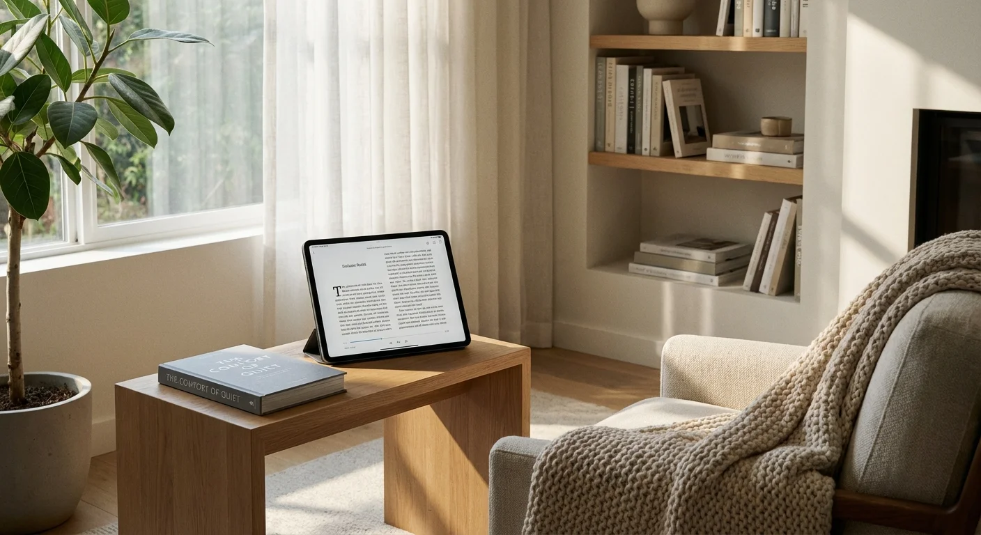 A sleek tablet and a book on a side table in a bright room, showing a streamlined approach to tech.