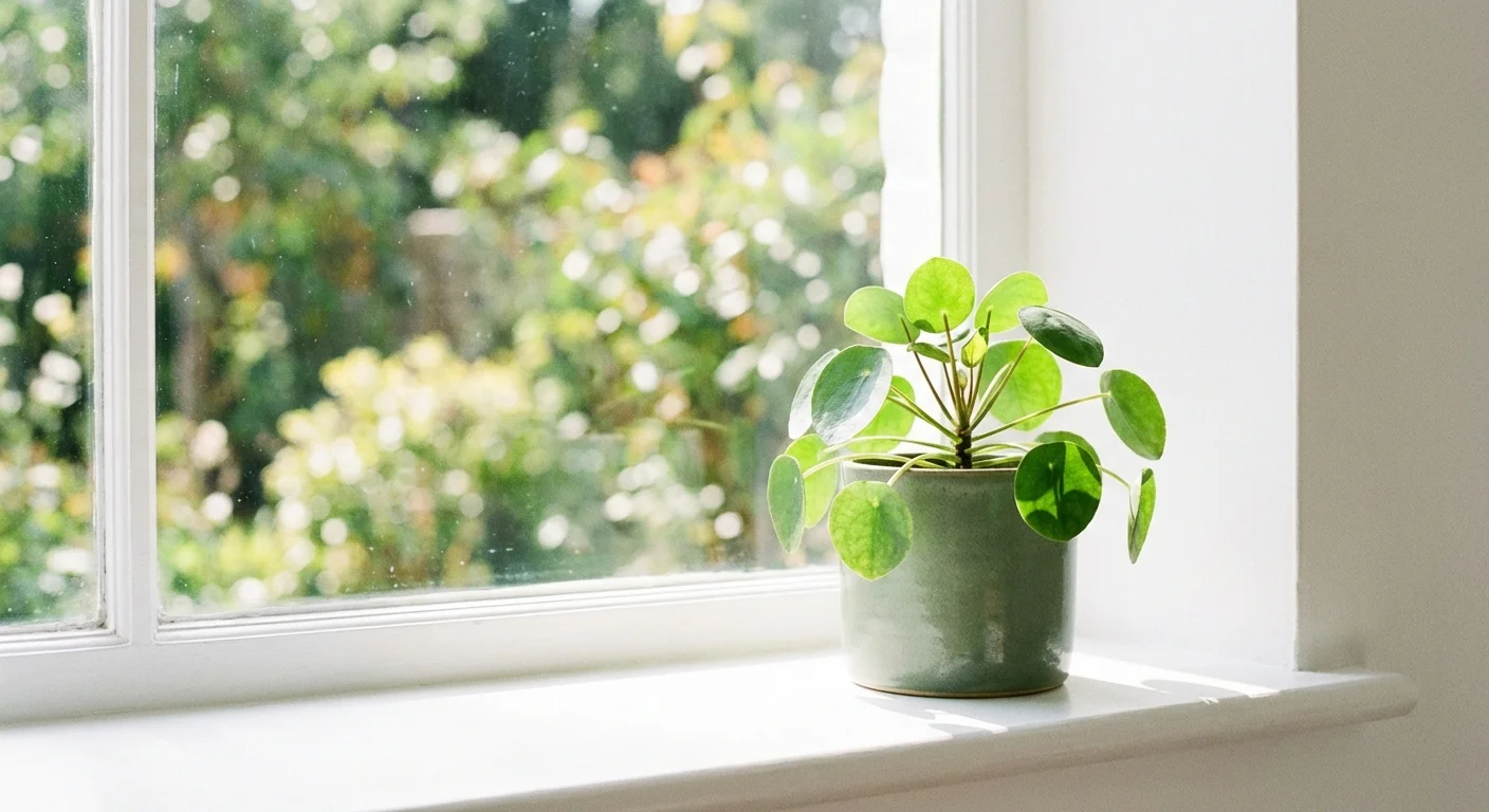 A small green plant grows in a pot on a bright, sunlit windowsill.