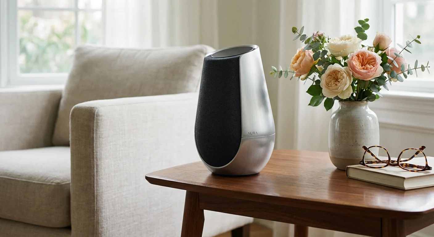 A smart home hub device on a table next to flowers and reading glasses.
