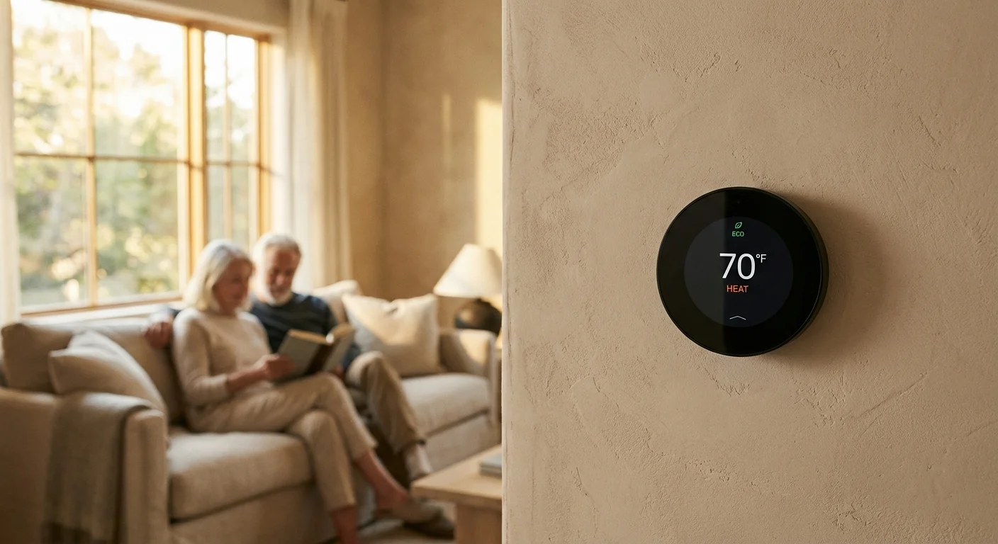 A smart thermostat on a wall with a senior couple relaxing in the background.