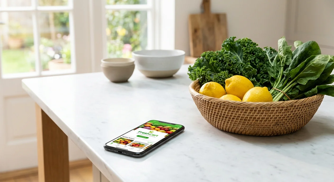 A smartphone with a delivery app next to a basket of fresh produce.