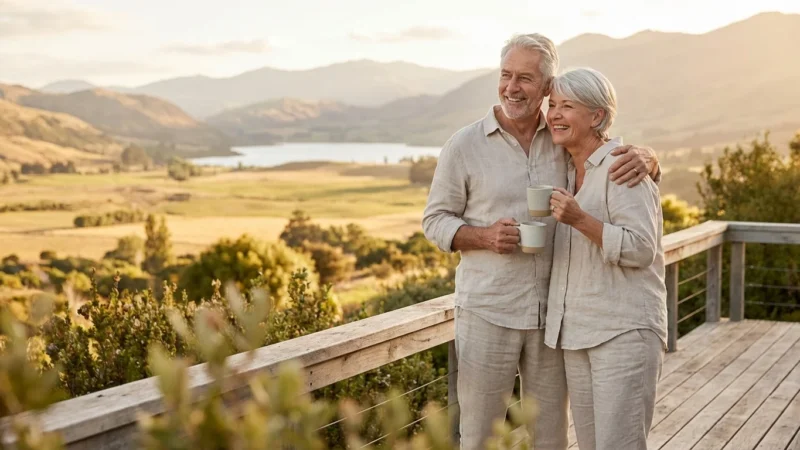 A smiling retired couple enjoying a peaceful morning on their sunny outdoor deck.