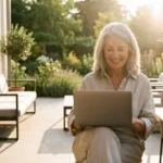 A smiling retiree working on a laptop on a sunny outdoor terrace.