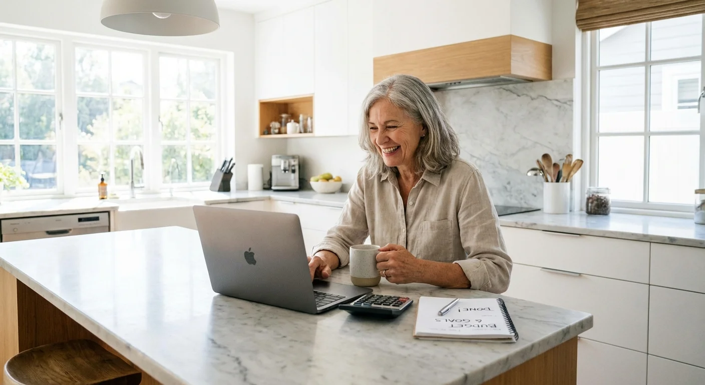 A smiling senior woman using a laptop and calculator in a bright kitchen to manage her finances.