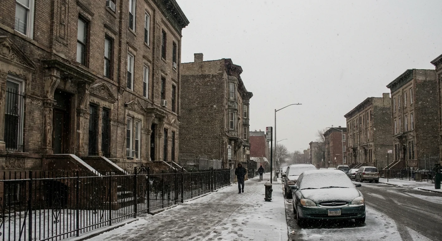 A snowy street in a northern city with historic brick buildings and gray skies.