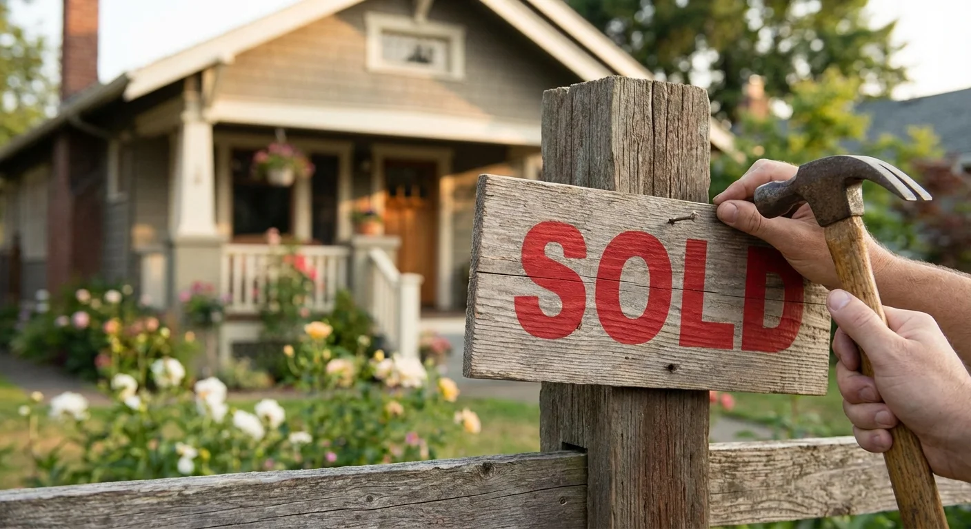 A 'Sold' sign in front of a charming house, symbolizing a successful purchase.