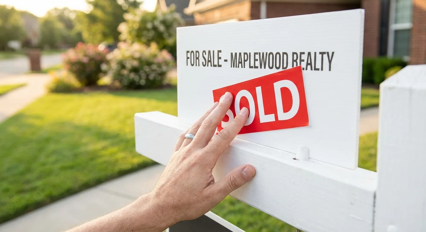 A 'Sold' sign on a suburban lawn, representing a real estate transition.