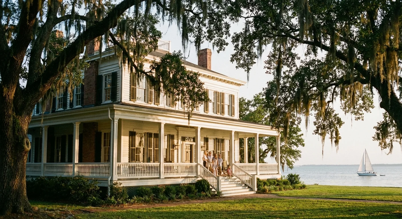A Southern home with a porch overlooking the water in Mobile, Alabama.