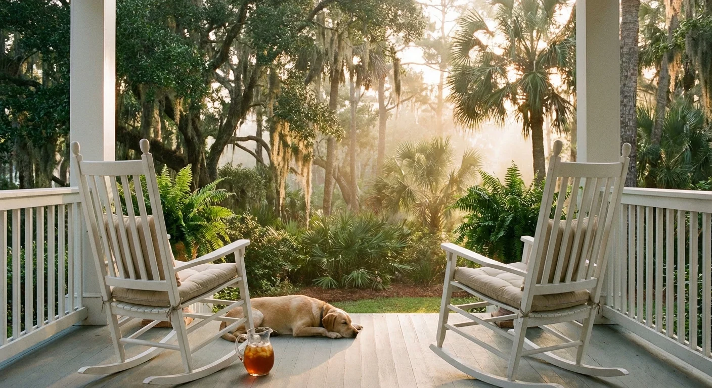 A Southern porch with rocking chairs and palm trees at sunset.