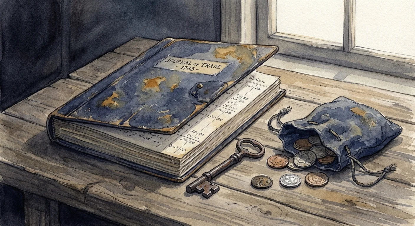 A still life watercolor of a ledger, keys, and coins representing historical financial survival.