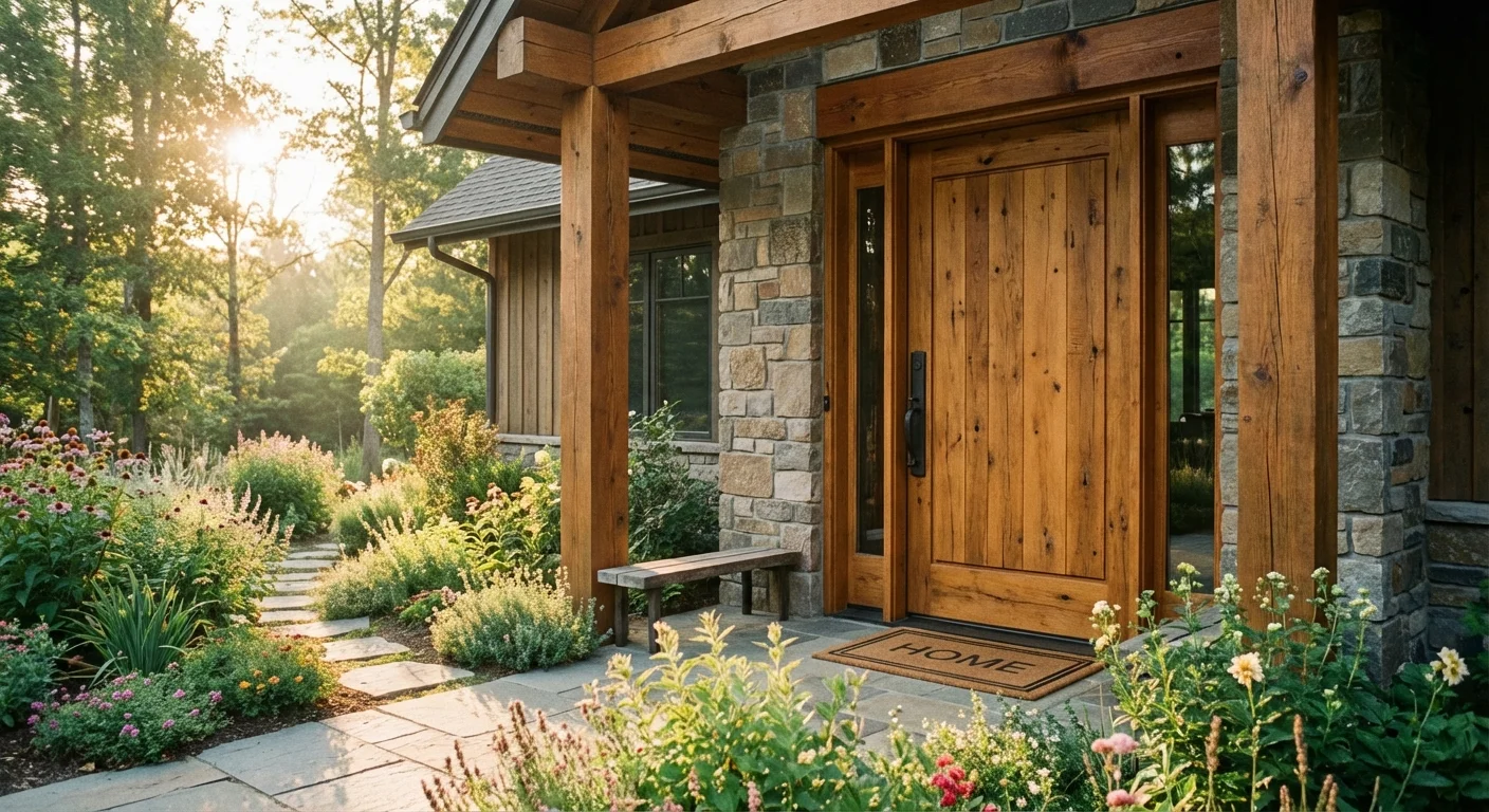 A sturdy wooden front door of a modern home, symbolizing security.