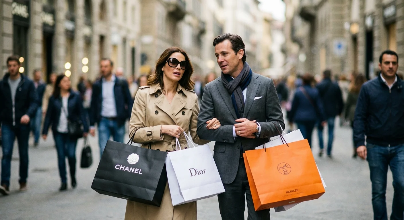 A stylish couple with shopping bags in a high-end retail area.