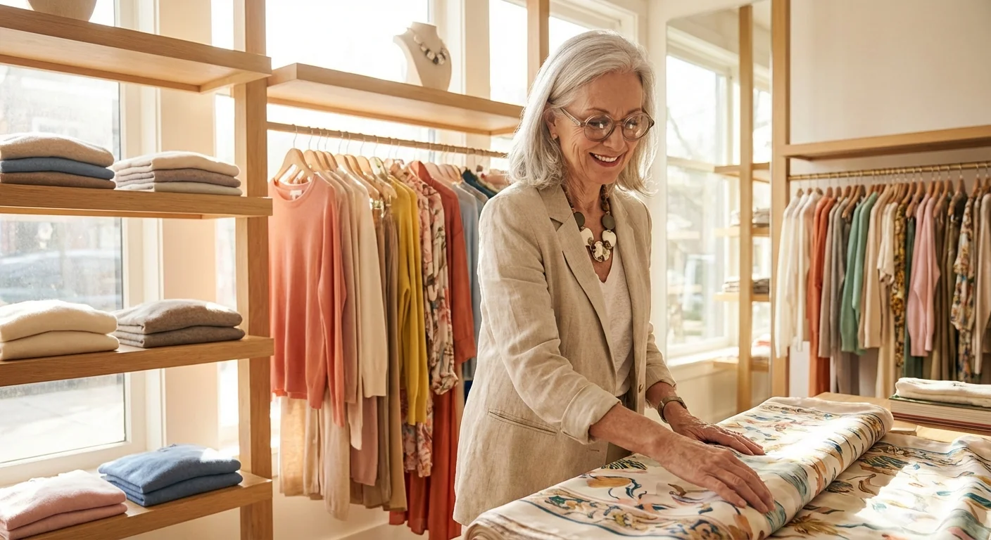 A stylish senior woman browsing clothing in a bright, upscale retail store.