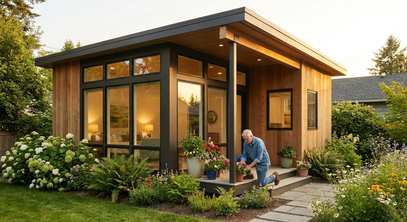 A stylish, small modern cottage in a lush green backyard with a senior man on the porch.