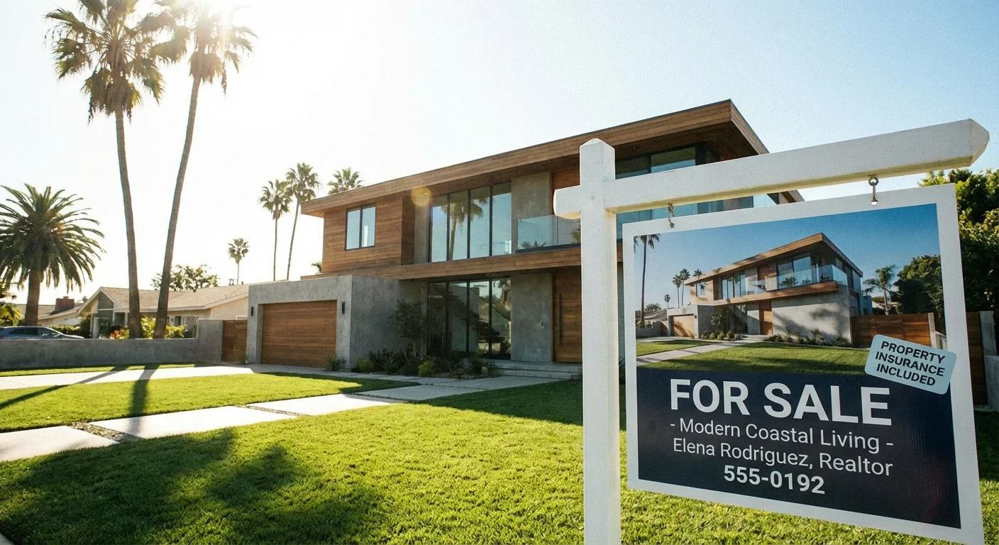 A sunny suburban street with palm trees and a focus on a home insurance document.