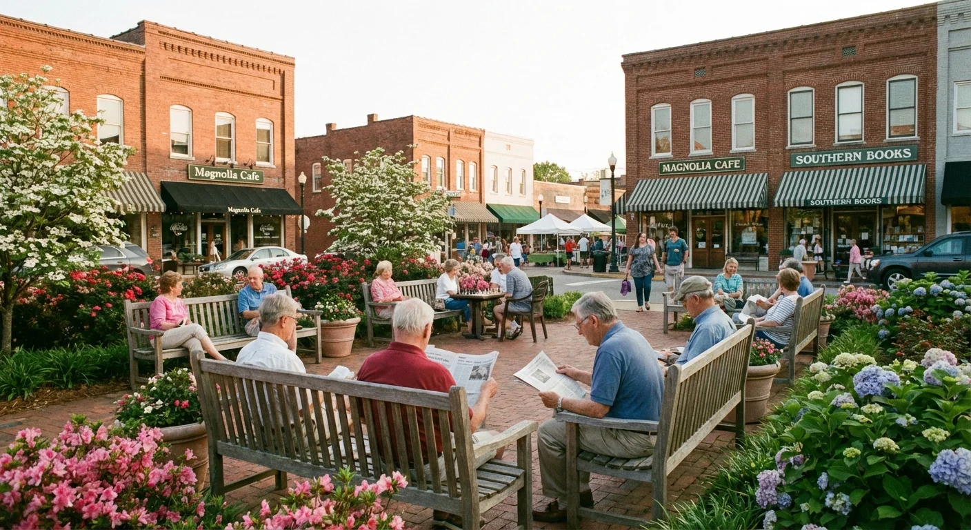 A sunny town square with people sitting on benches and flowers.