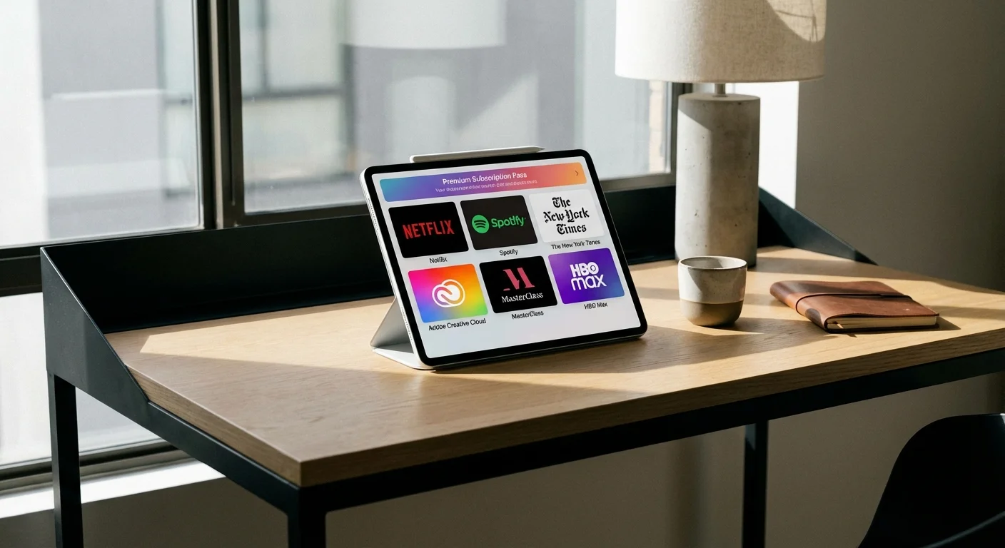 A tablet on a desk showing various digital subscription icons.