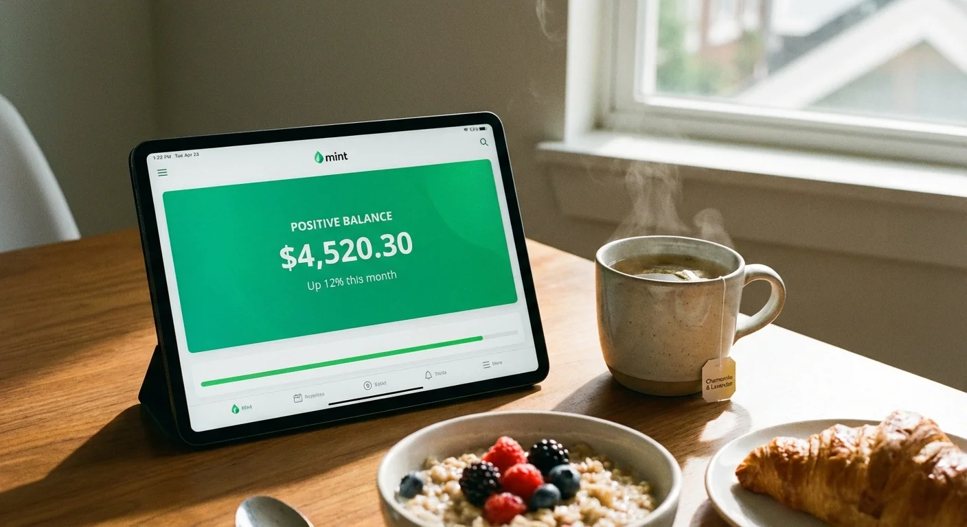 A tablet showing a financial app next to a cup of tea on a table.