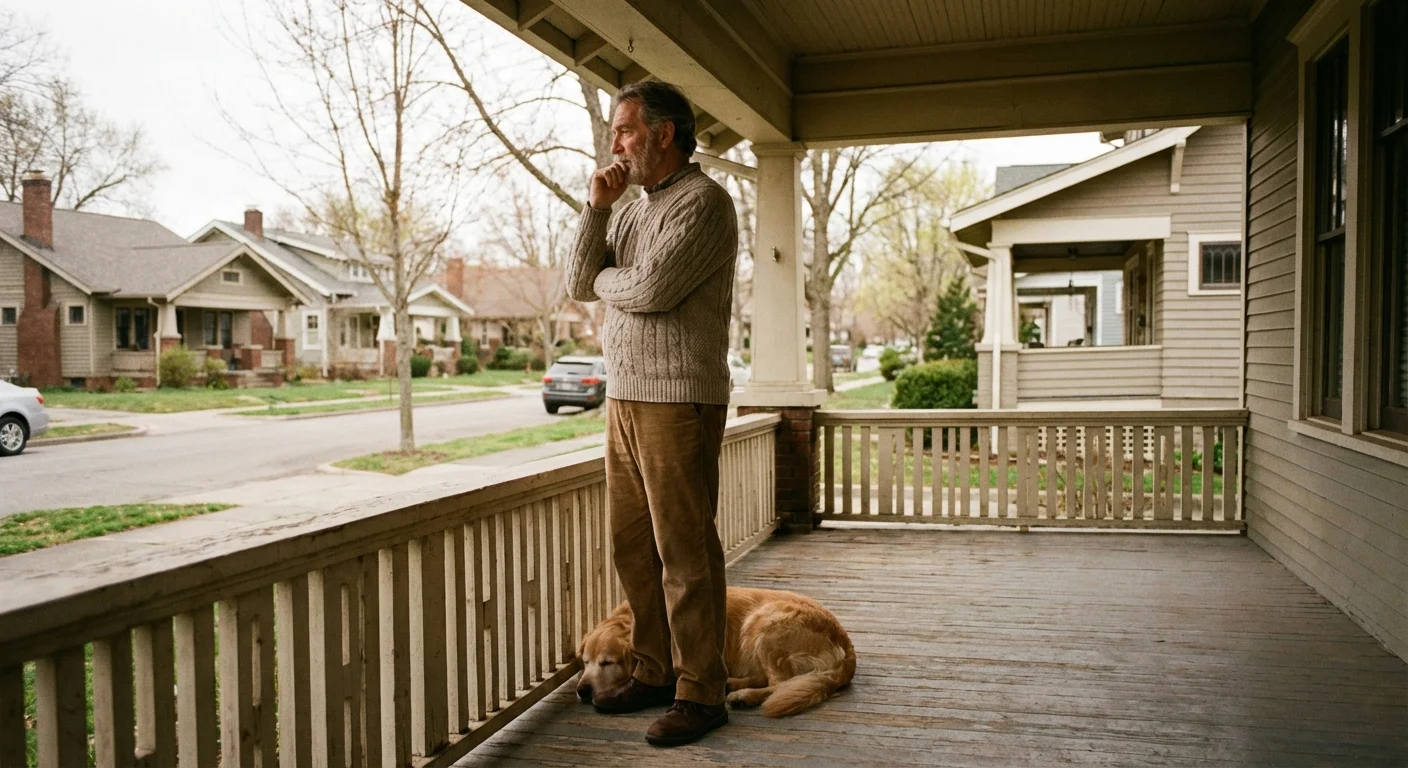 A thoughtful man standing on a porch looking out at a quiet neighborhood.