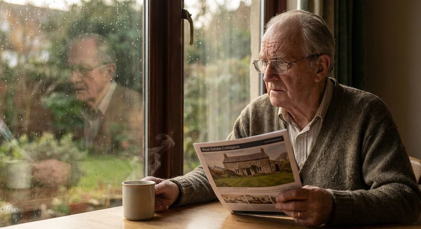 A thoughtful senior man looks out a window, representing careful consideration of retirement choices.