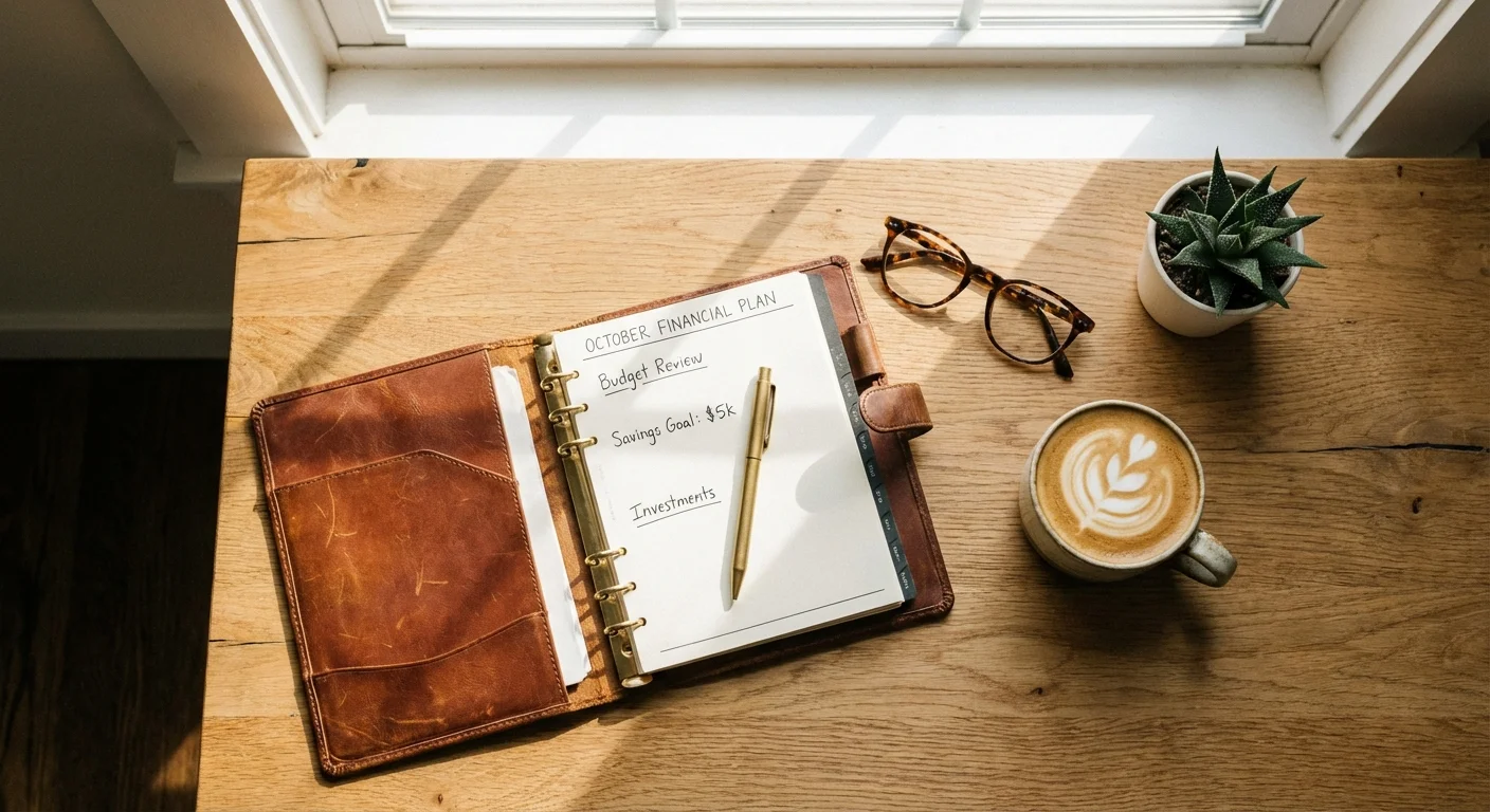 A top-down view of an organized desk with a planner and coffee.