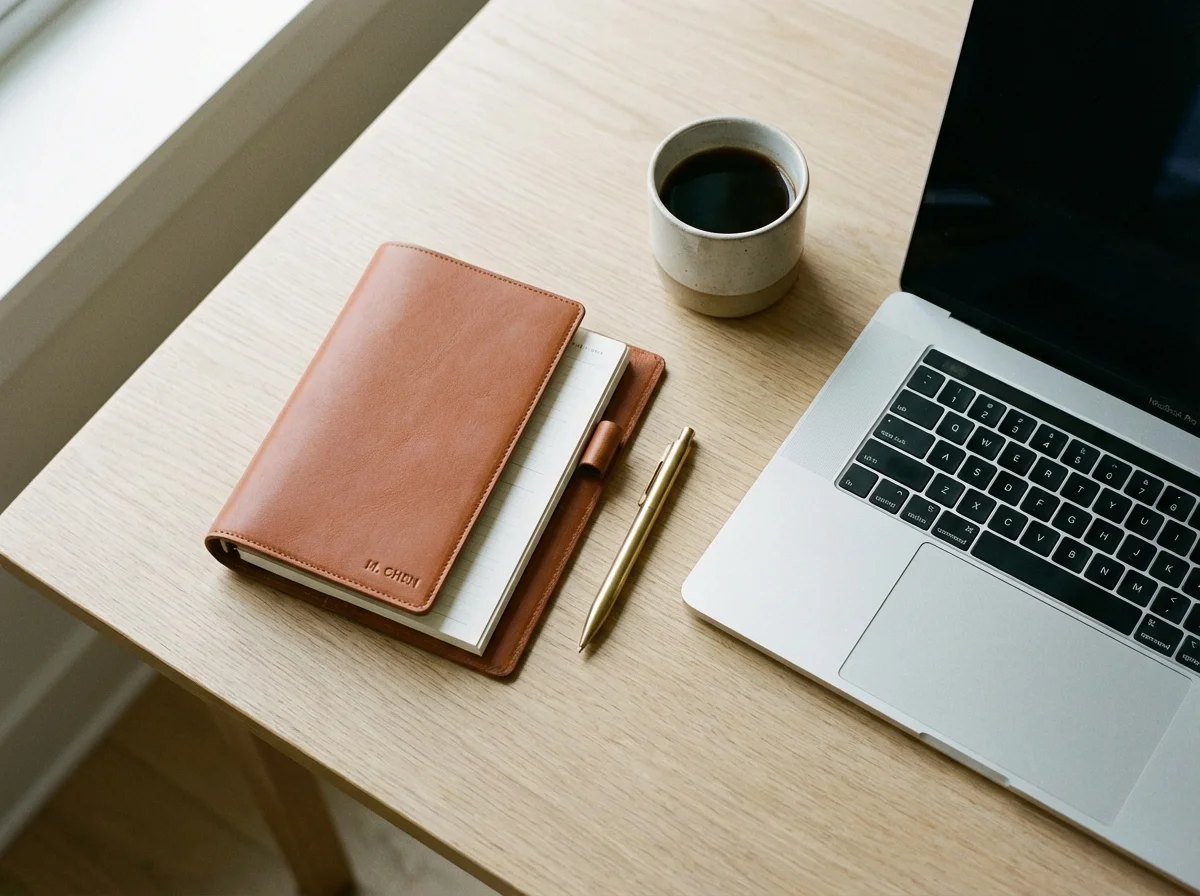 A top-down view of an organized desk with a planner, coffee, and laptop.