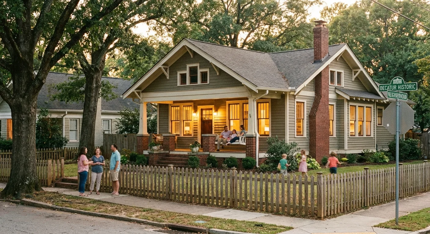A traditional home with a porch swing in a friendly Decatur, Alabama neighborhood.