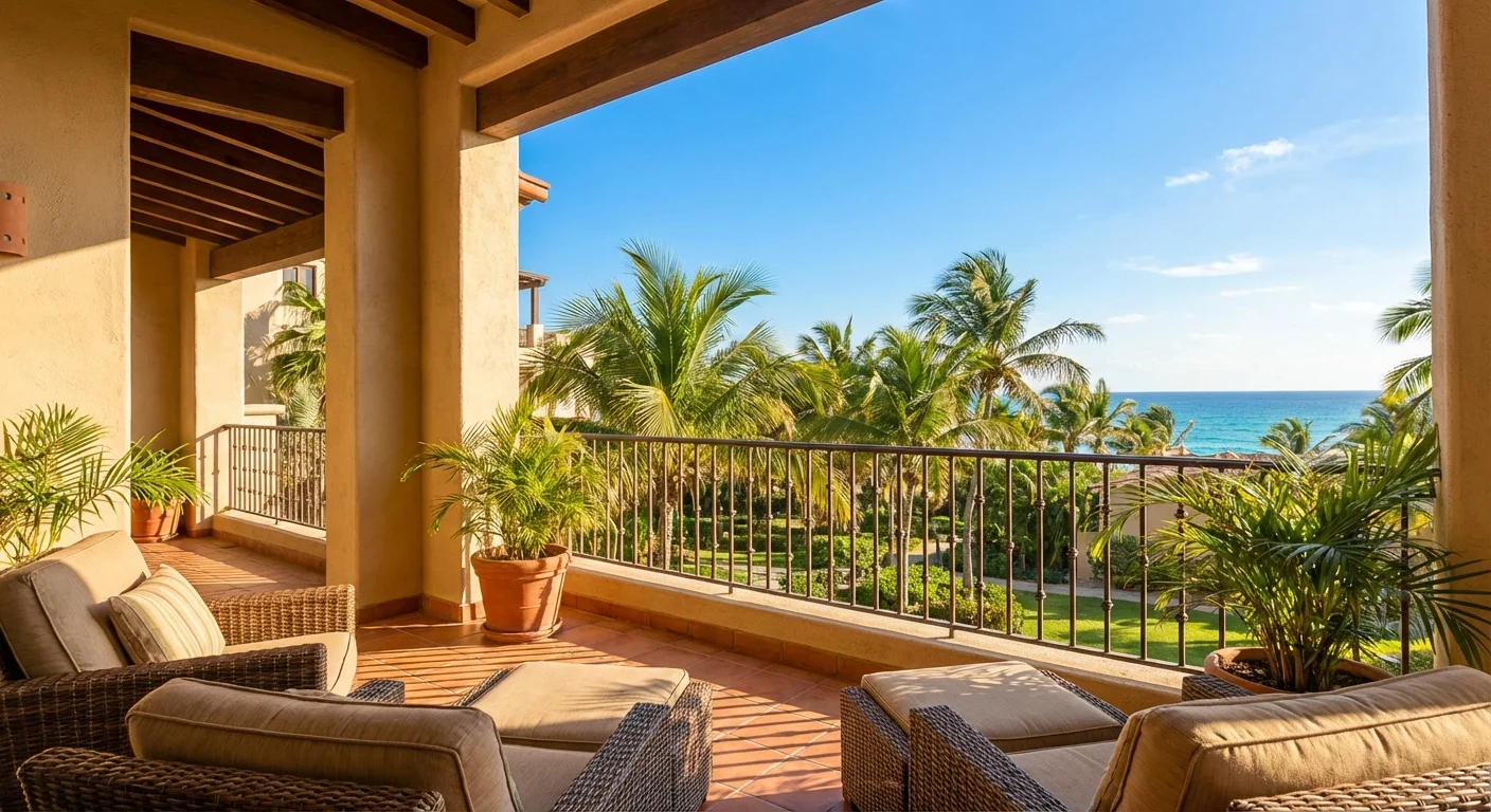 A tropical balcony view with palm trees under a clear blue sky.