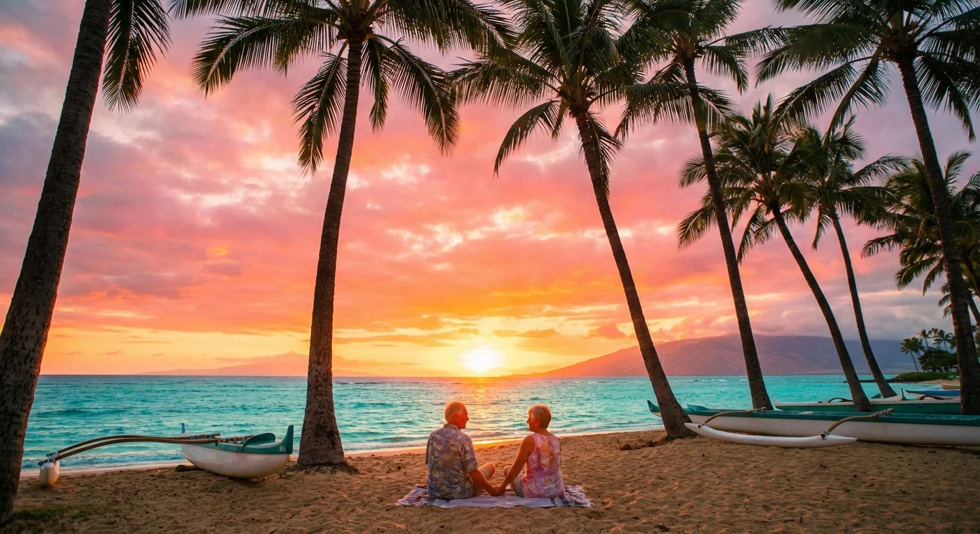 A tropical sunset on a beach in Kahului, Hawaii with palm trees.