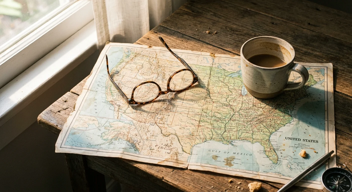 A US map on a wooden table with glasses and coffee, representing retirement planning.