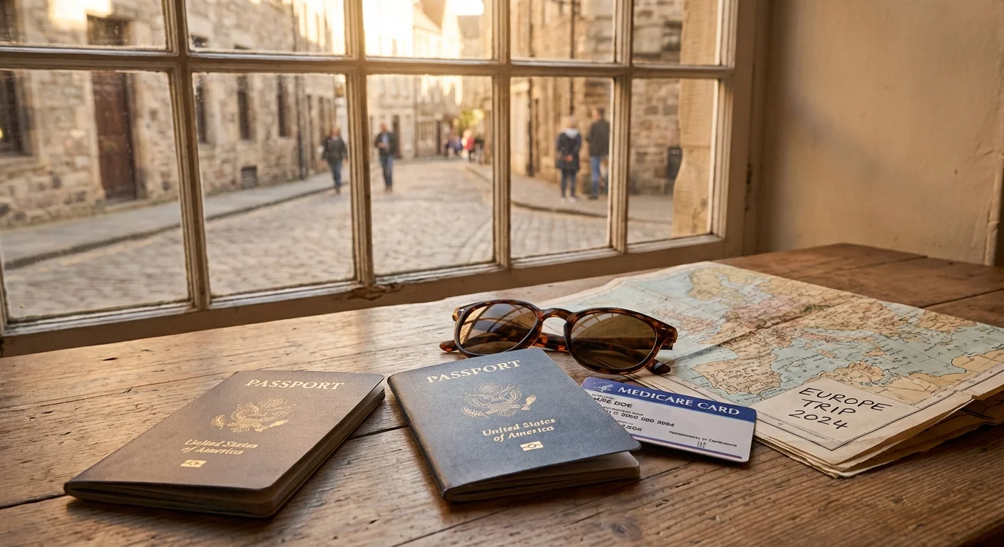 A US passport and Medicare card on a table with a map, symbolizing healthcare choices abroad.