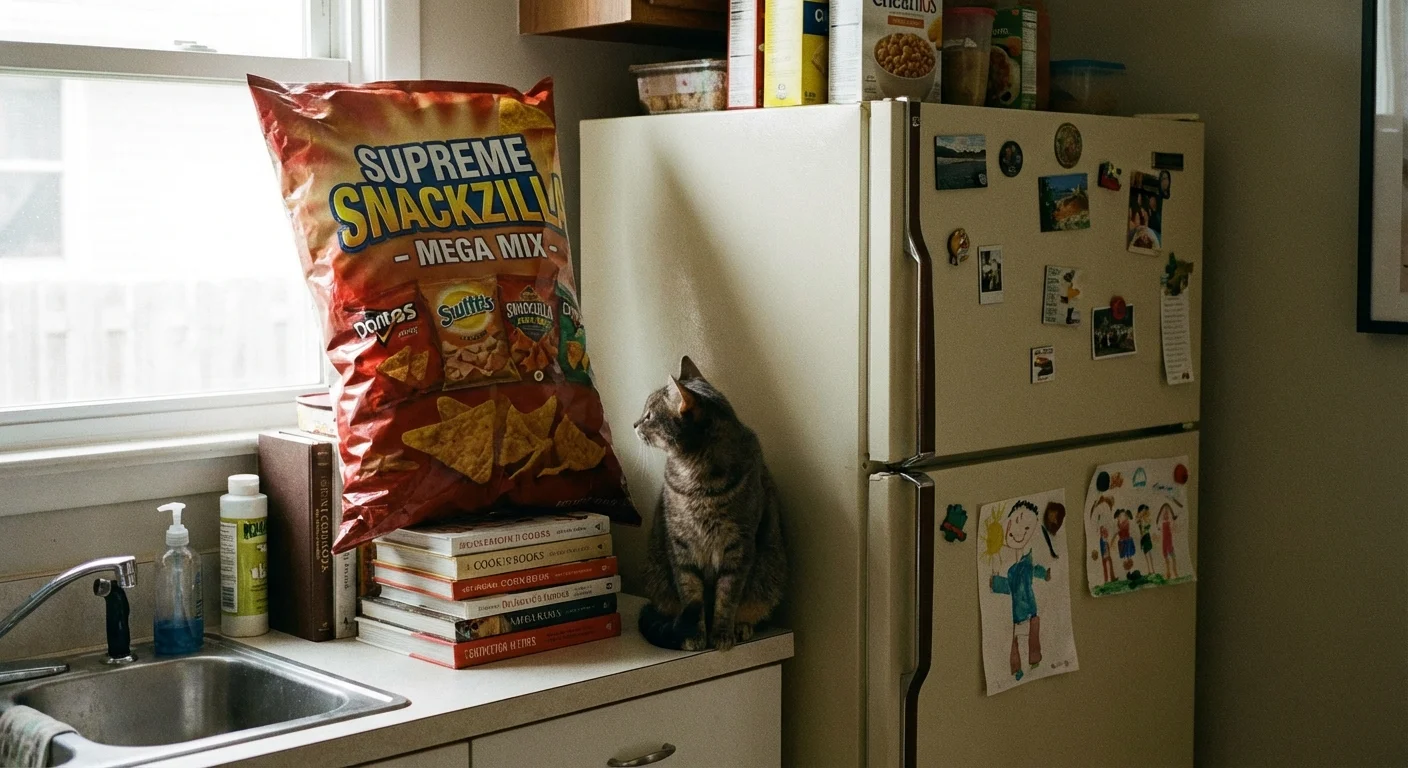 A very large bulk package of snacks on a kitchen counter.