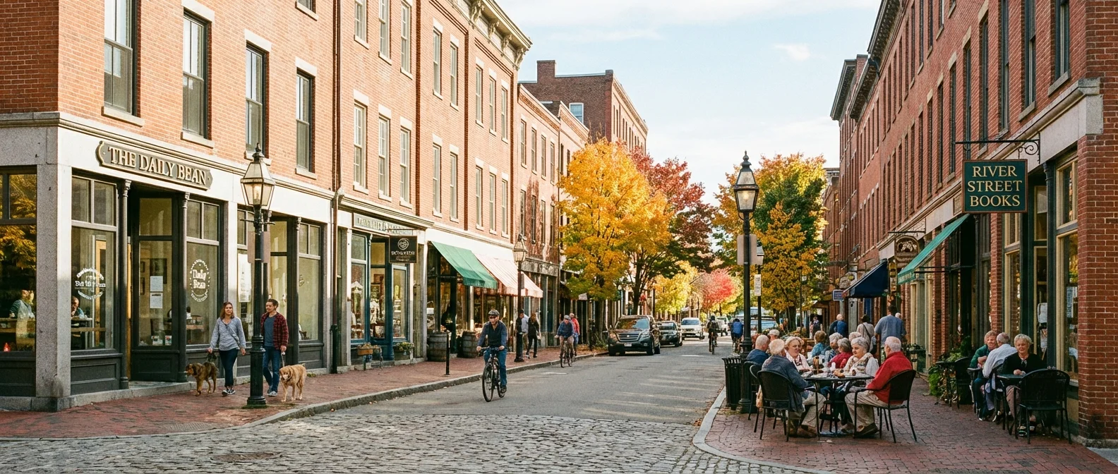 A vibrant and clean historic American downtown street with people enjoying a sunny afternoon.