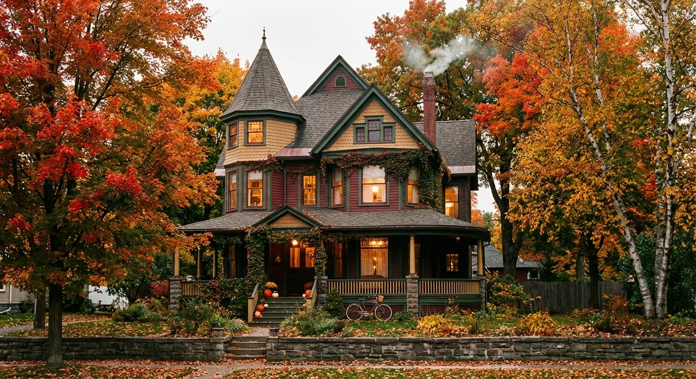 A Victorian-style home in Syracuse, New York, surrounded by autumn foliage.