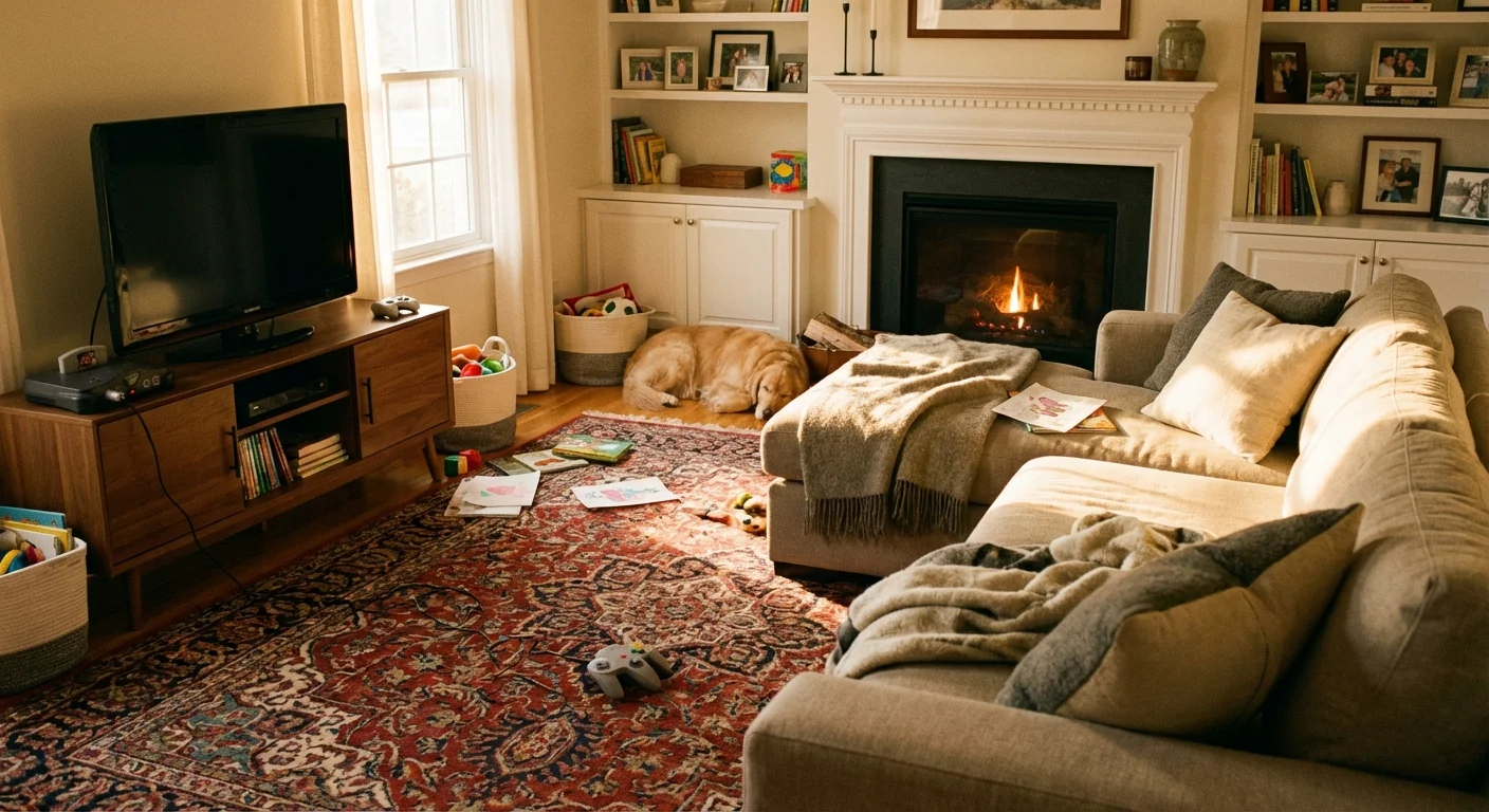 A video game console and controller in a comfortable family room.
