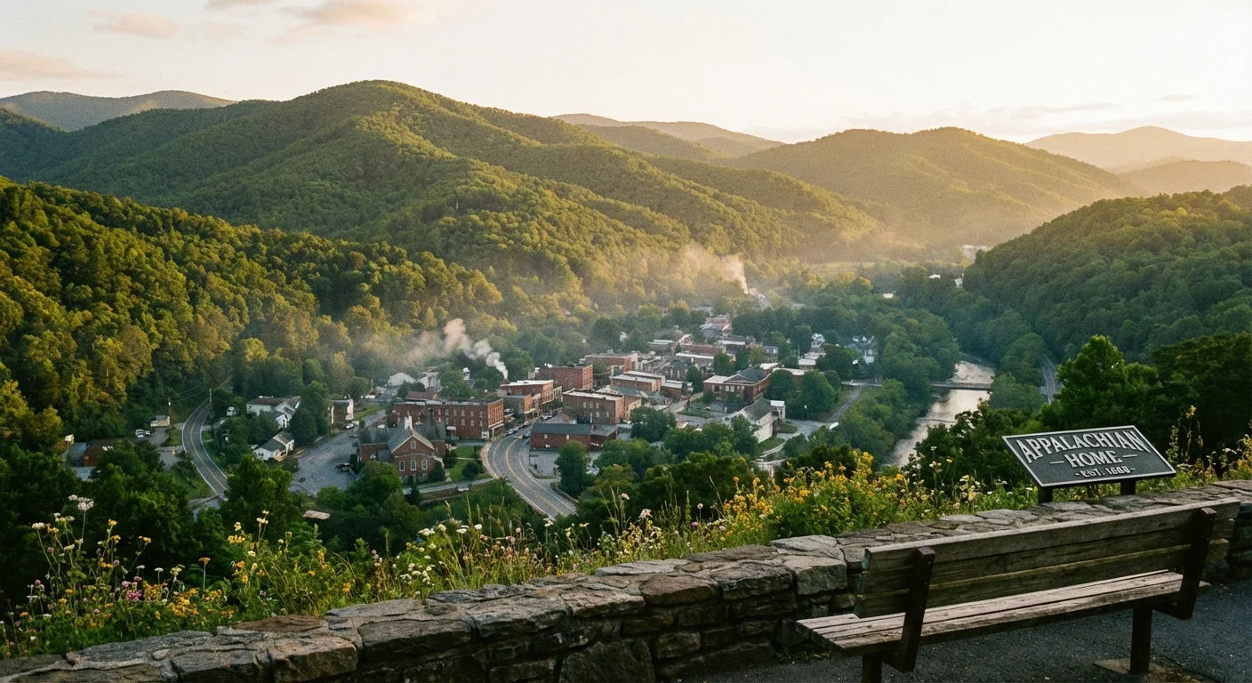 A view of a small city nestled in green mountains.