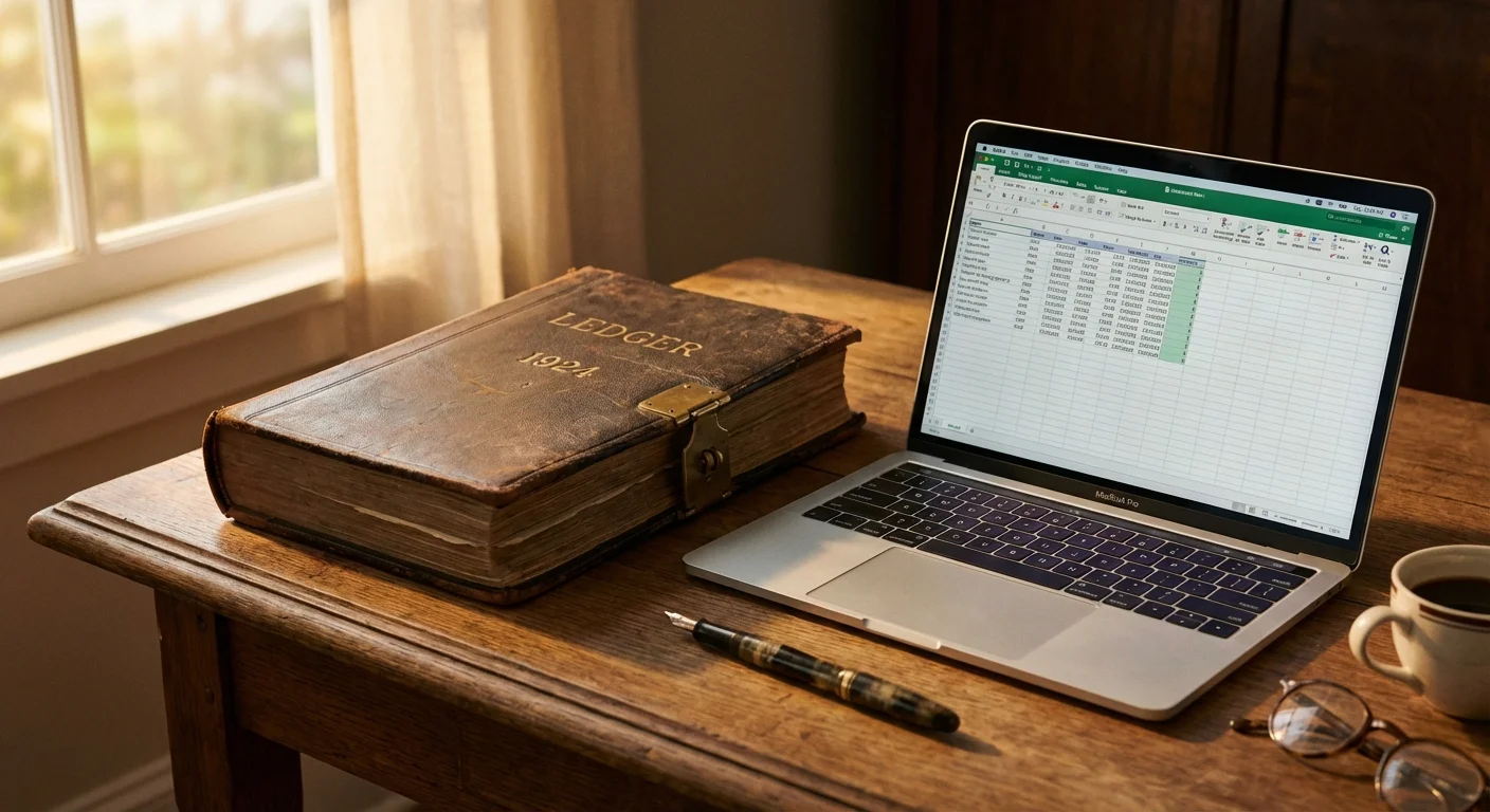 A vintage ledger and a laptop on a desk in soft sunlight.