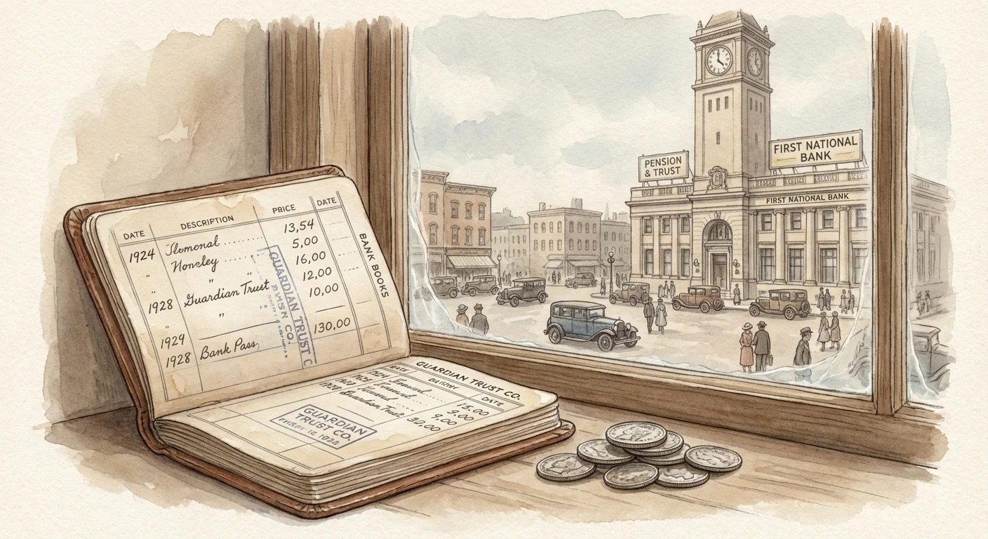 A vintage passbook and coins on a windowsill overlooking a historic town square.