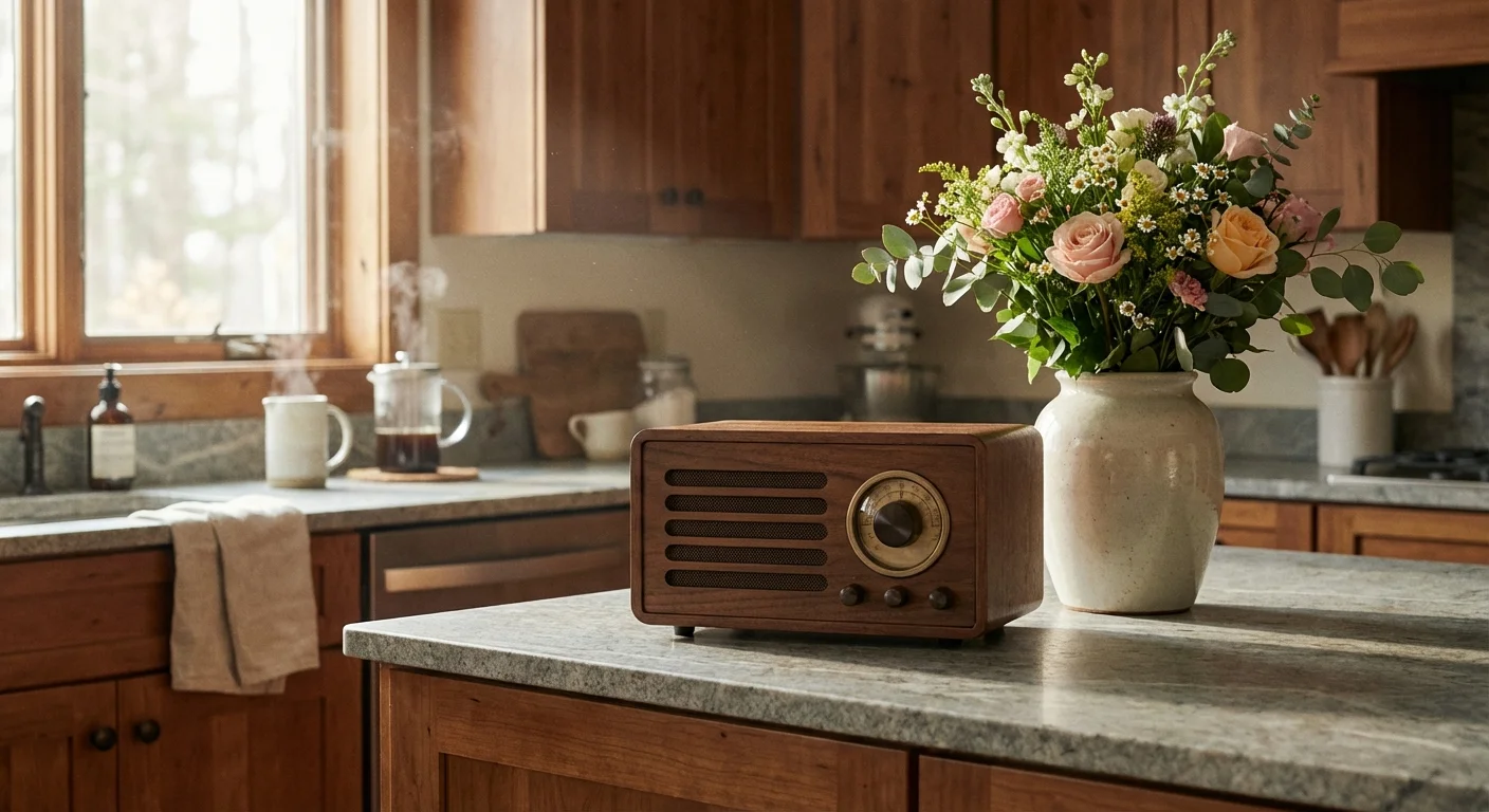 A vintage-style wooden radio on a kitchen counter.
