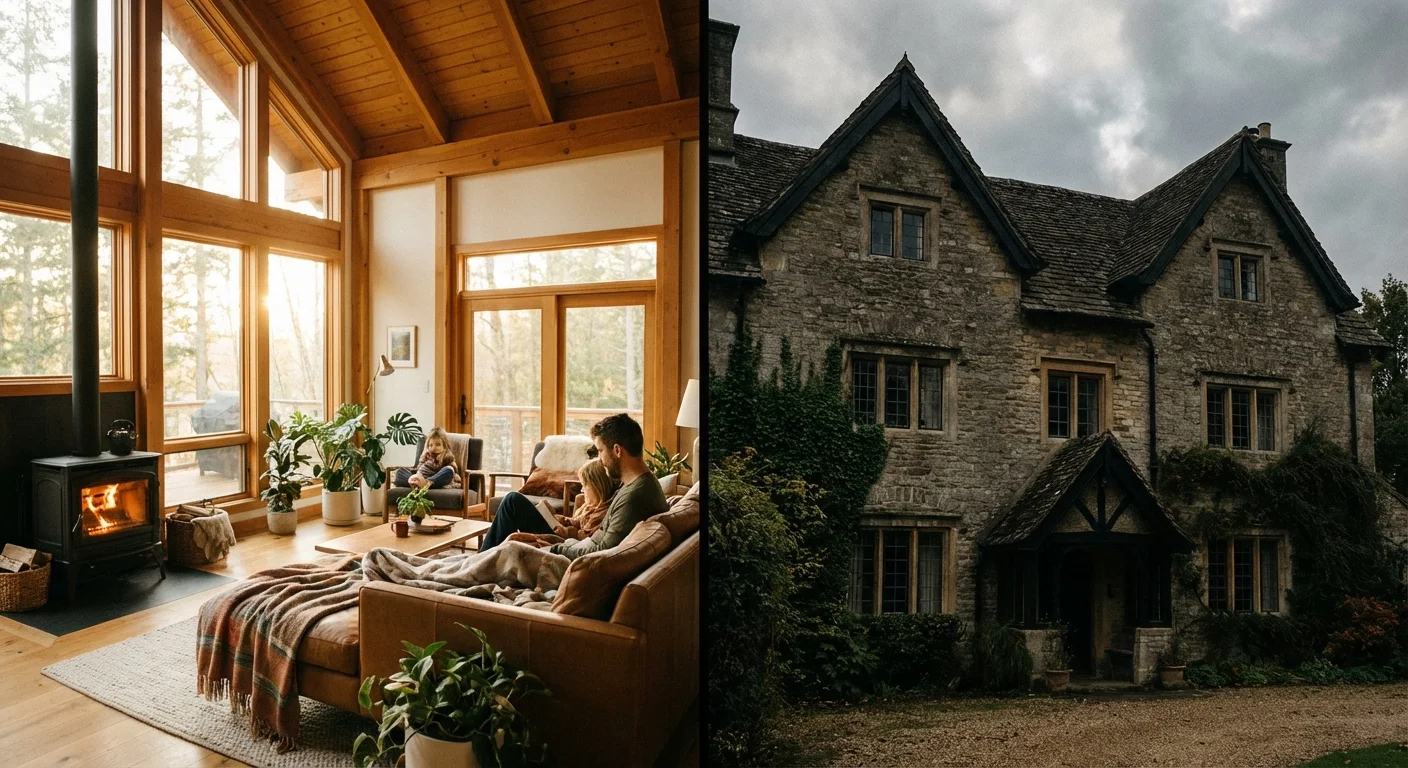 A visual comparison between a bright cottage and a large house.
