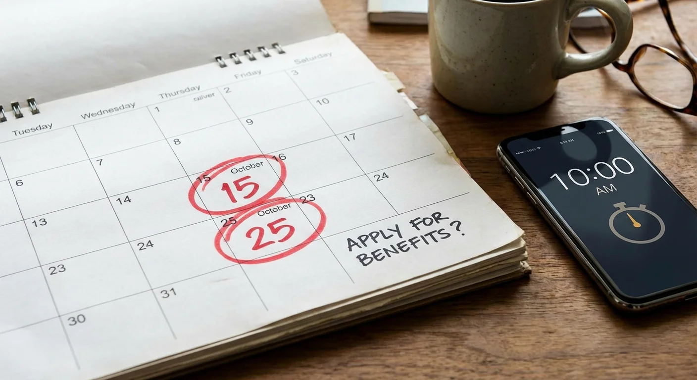 A wall calendar with dates circled next to a smartphone on a desk.