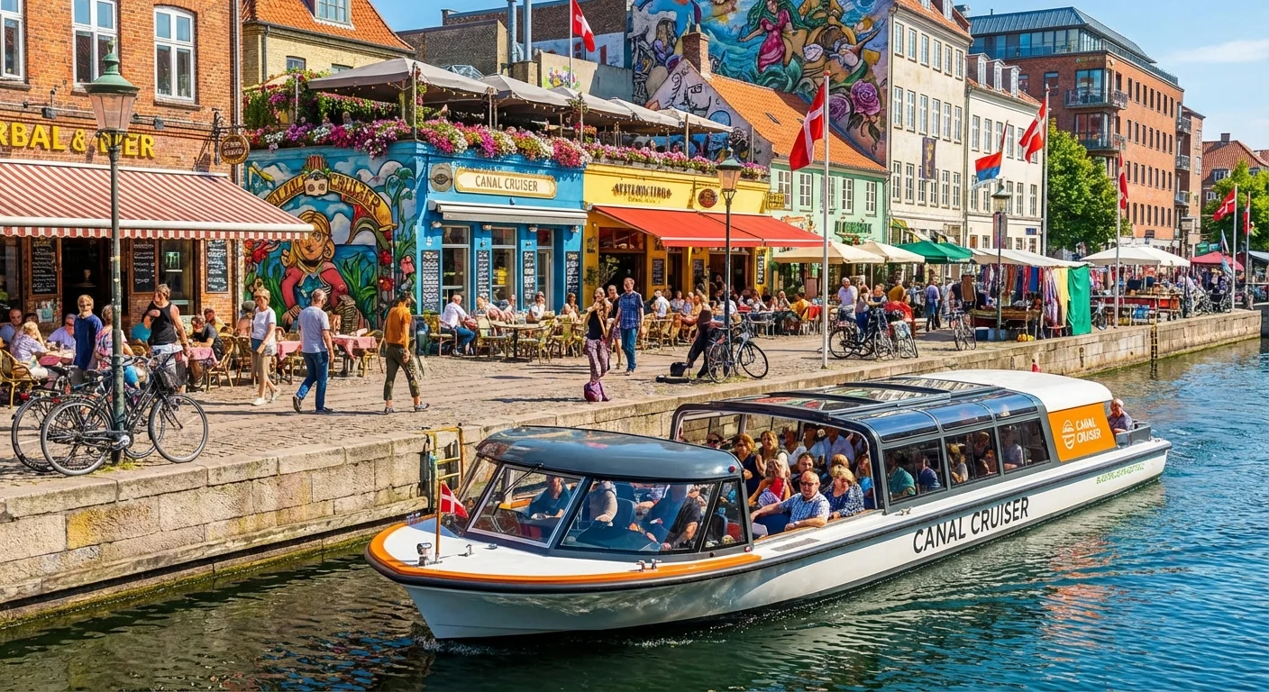 A water taxi on a canal surrounded by shops and restaurants.