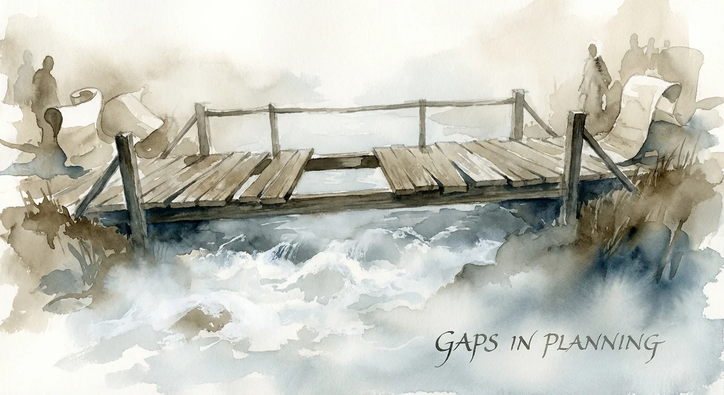 A watercolor of a broken wooden bridge, serving as a metaphor for planning mistakes.