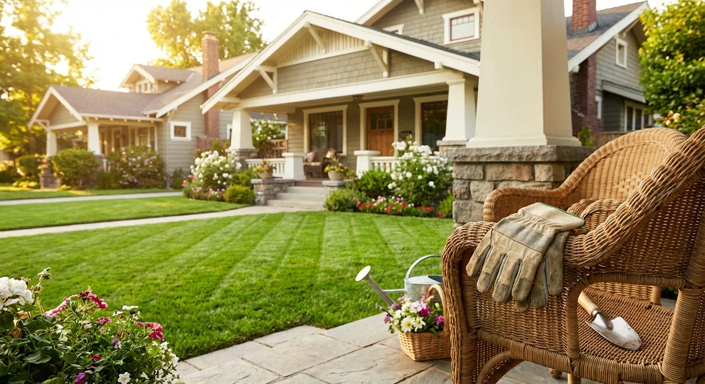 A well-maintained lawn and porch with gardening gloves.