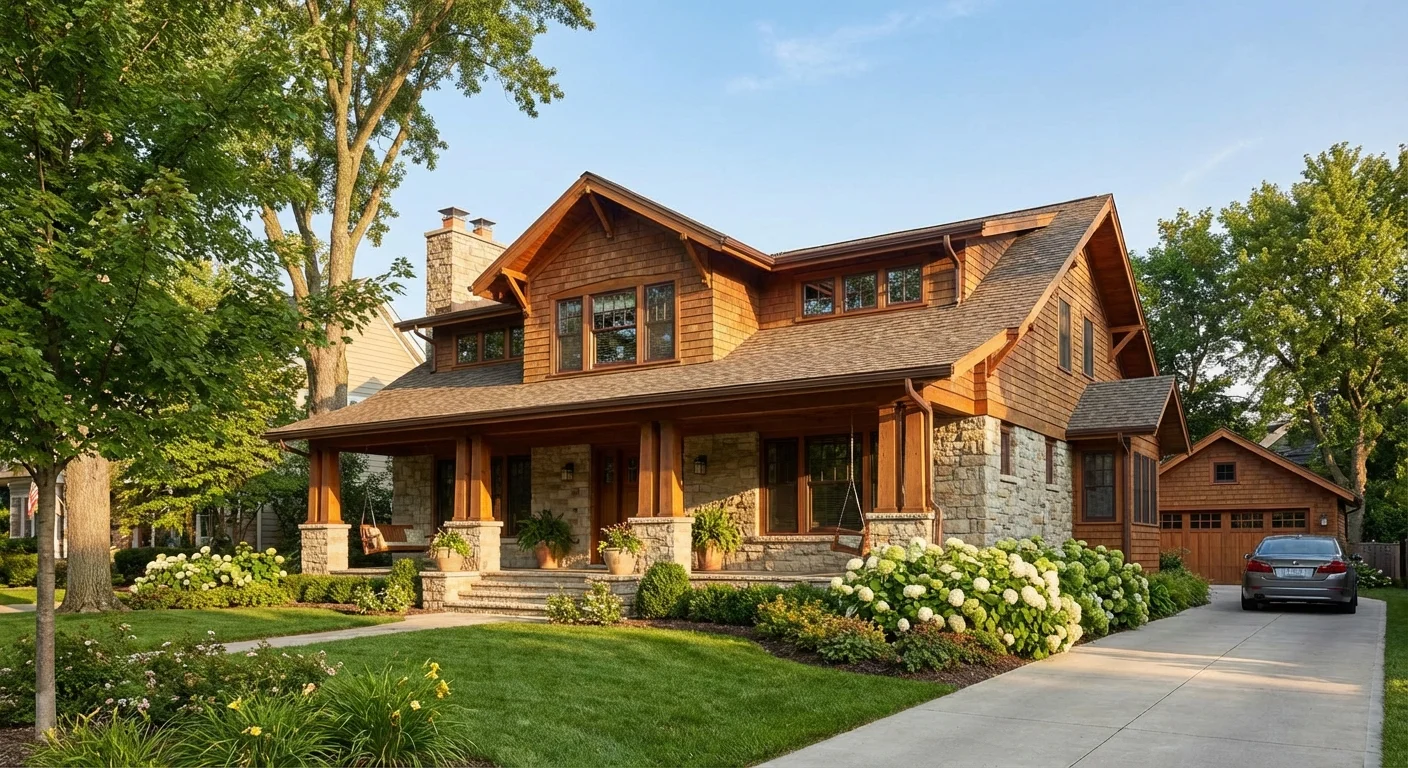 A well-maintained, sunlit house with a beautiful garden.