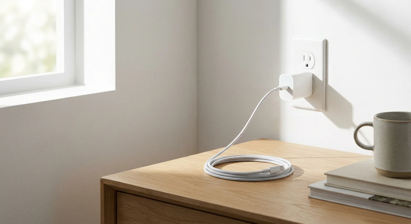 A white phone charger plugged into a wall outlet without a phone attached.